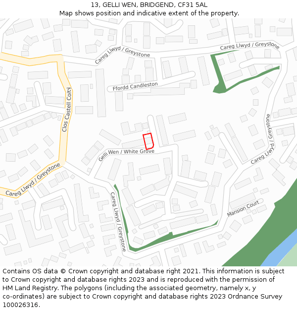 13, GELLI WEN, BRIDGEND, CF31 5AL: Location map and indicative extent of plot