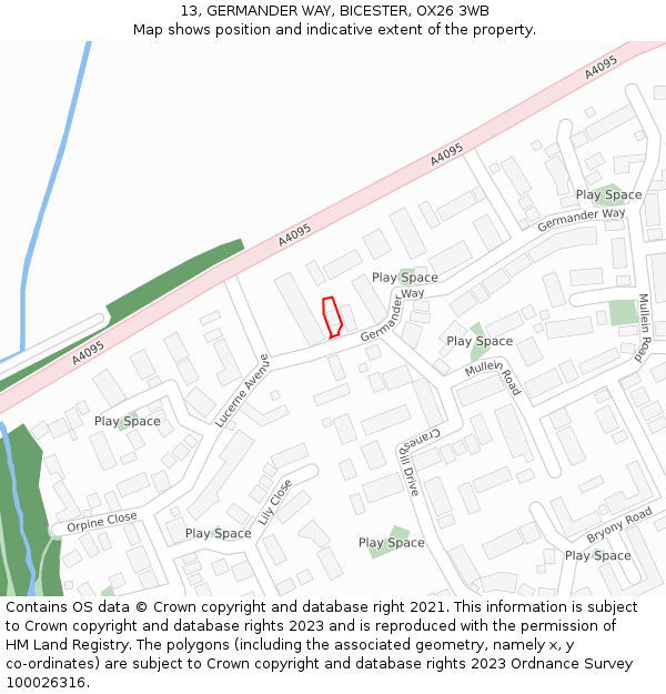 13, GERMANDER WAY, BICESTER, OX26 3WB: Location map and indicative extent of plot