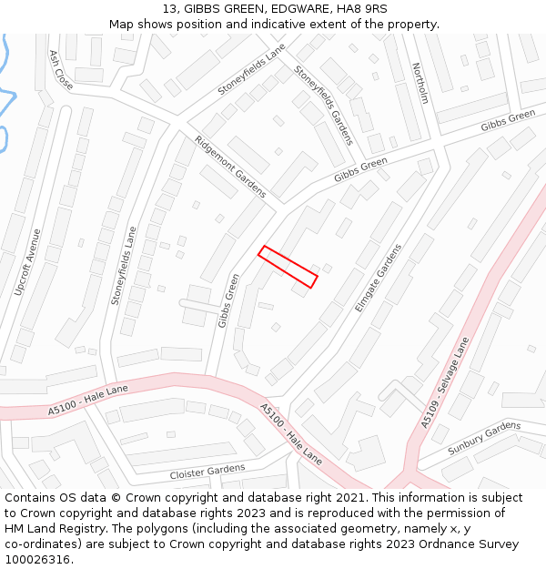 13, GIBBS GREEN, EDGWARE, HA8 9RS: Location map and indicative extent of plot