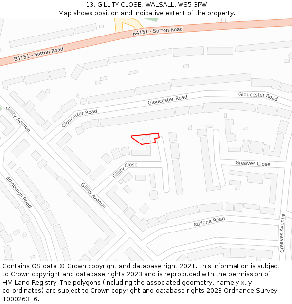 13, GILLITY CLOSE, WALSALL, WS5 3PW: Location map and indicative extent of plot