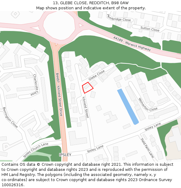13, GLEBE CLOSE, REDDITCH, B98 0AW: Location map and indicative extent of plot