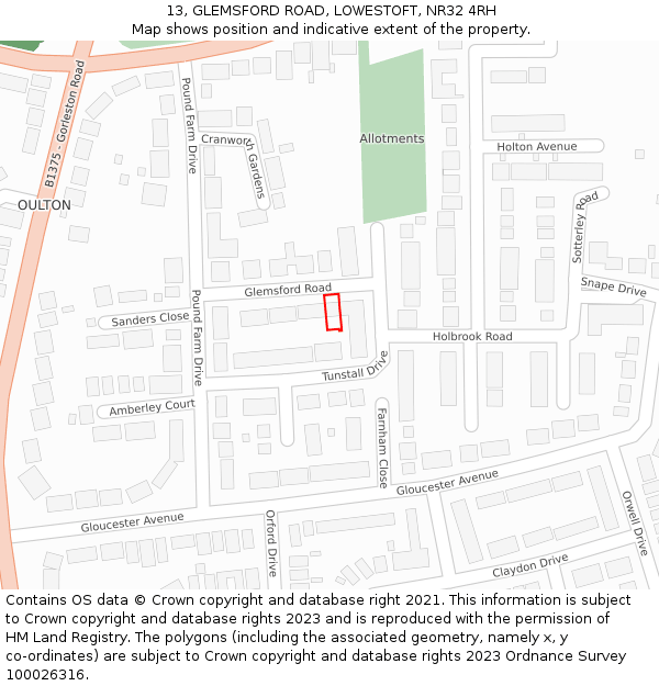 13, GLEMSFORD ROAD, LOWESTOFT, NR32 4RH: Location map and indicative extent of plot