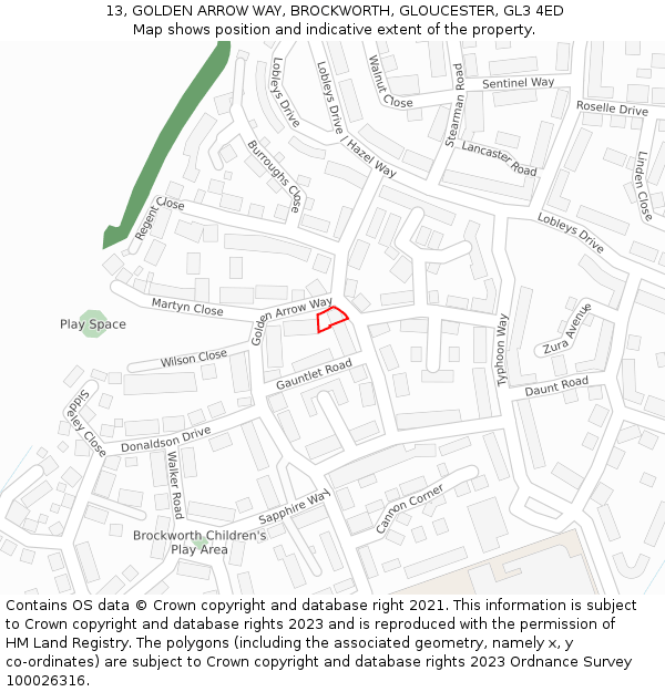 13, GOLDEN ARROW WAY, BROCKWORTH, GLOUCESTER, GL3 4ED: Location map and indicative extent of plot