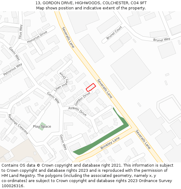 13, GORDON DRIVE, HIGHWOODS, COLCHESTER, CO4 9FT: Location map and indicative extent of plot