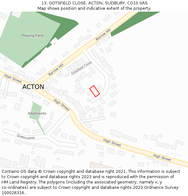 13, GOTSFIELD CLOSE, ACTON, SUDBURY, CO10 0AS: Location map and indicative extent of plot