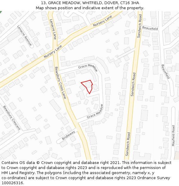 13, GRACE MEADOW, WHITFIELD, DOVER, CT16 3HA: Location map and indicative extent of plot
