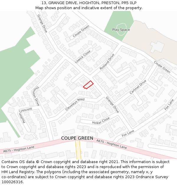 13, GRANGE DRIVE, HOGHTON, PRESTON, PR5 0LP: Location map and indicative extent of plot