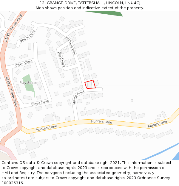 13, GRANGE DRIVE, TATTERSHALL, LINCOLN, LN4 4GJ: Location map and indicative extent of plot