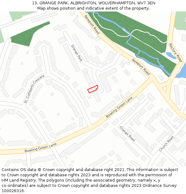 13, GRANGE PARK, ALBRIGHTON, WOLVERHAMPTON, WV7 3EN: Location map and indicative extent of plot