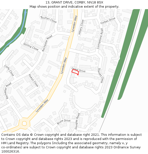 13, GRANT DRIVE, CORBY, NN18 8SX: Location map and indicative extent of plot