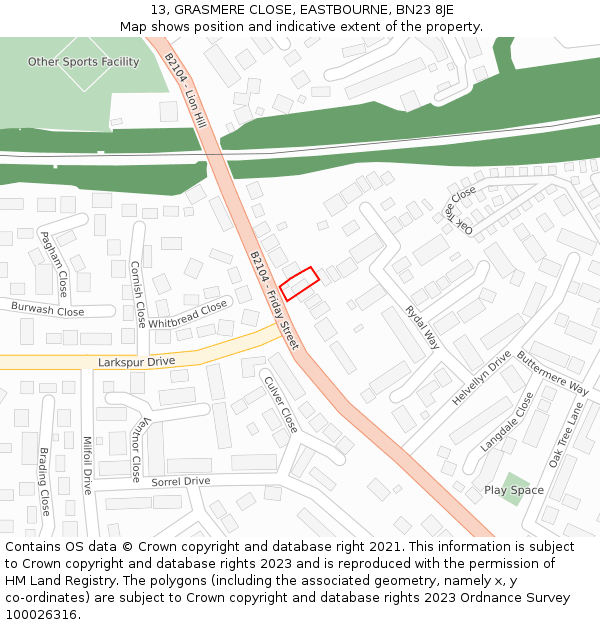 13, GRASMERE CLOSE, EASTBOURNE, BN23 8JE: Location map and indicative extent of plot