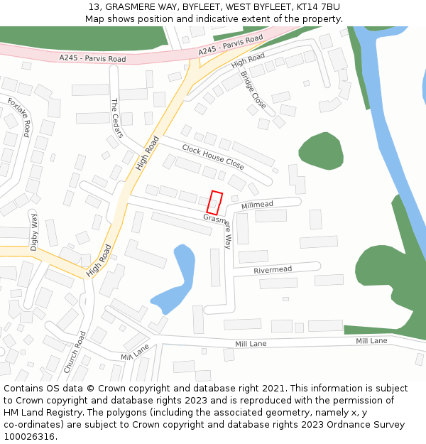 13, GRASMERE WAY, BYFLEET, WEST BYFLEET, KT14 7BU: Location map and indicative extent of plot