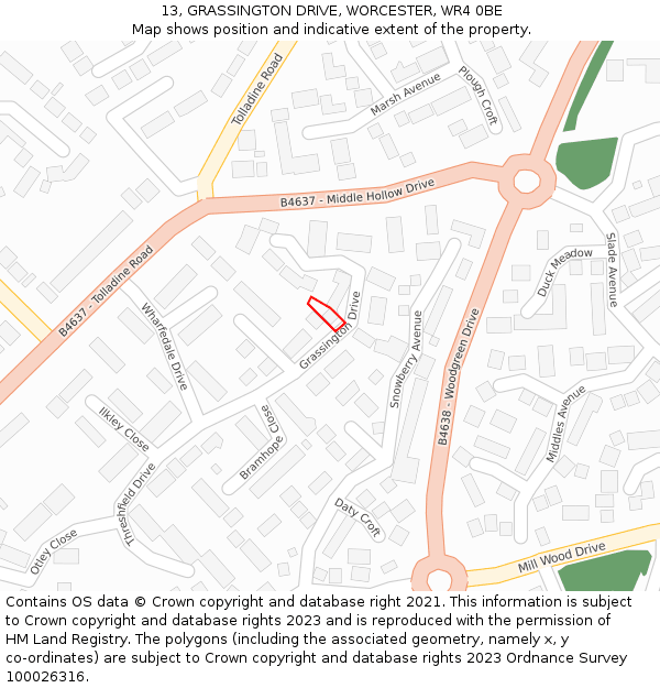 13, GRASSINGTON DRIVE, WORCESTER, WR4 0BE: Location map and indicative extent of plot