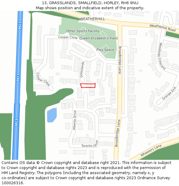 13, GRASSLANDS, SMALLFIELD, HORLEY, RH6 9NU: Location map and indicative extent of plot