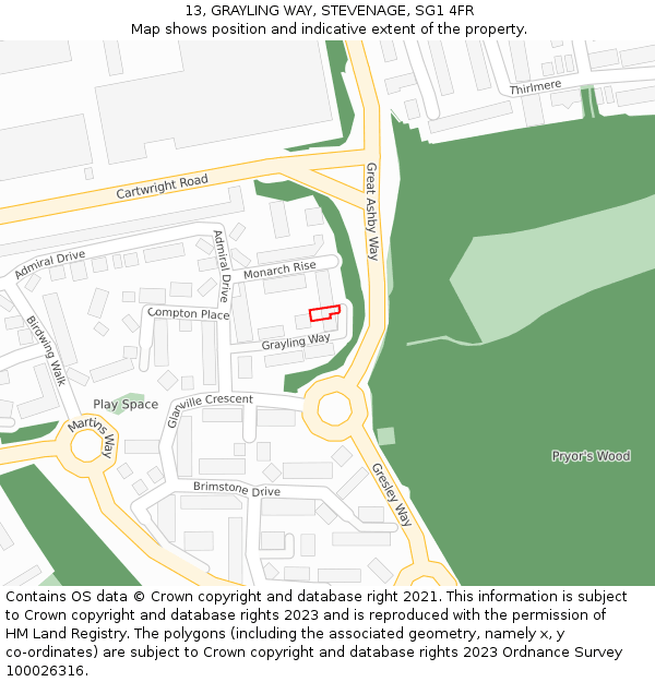 13, GRAYLING WAY, STEVENAGE, SG1 4FR: Location map and indicative extent of plot