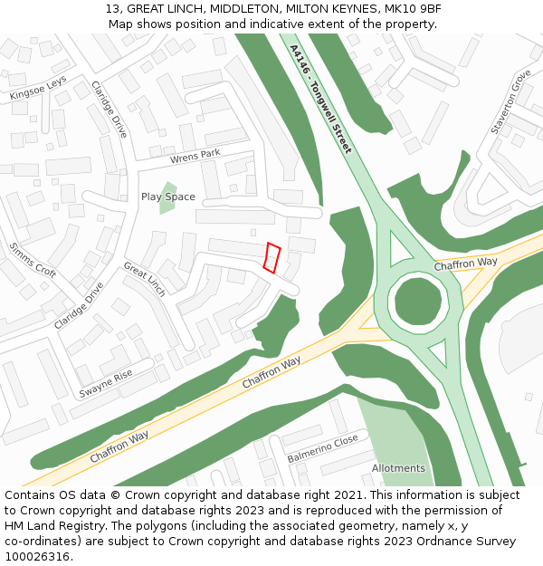 13, GREAT LINCH, MIDDLETON, MILTON KEYNES, MK10 9BF: Location map and indicative extent of plot