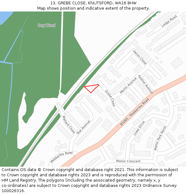 13, GREBE CLOSE, KNUTSFORD, WA16 8HW: Location map and indicative extent of plot