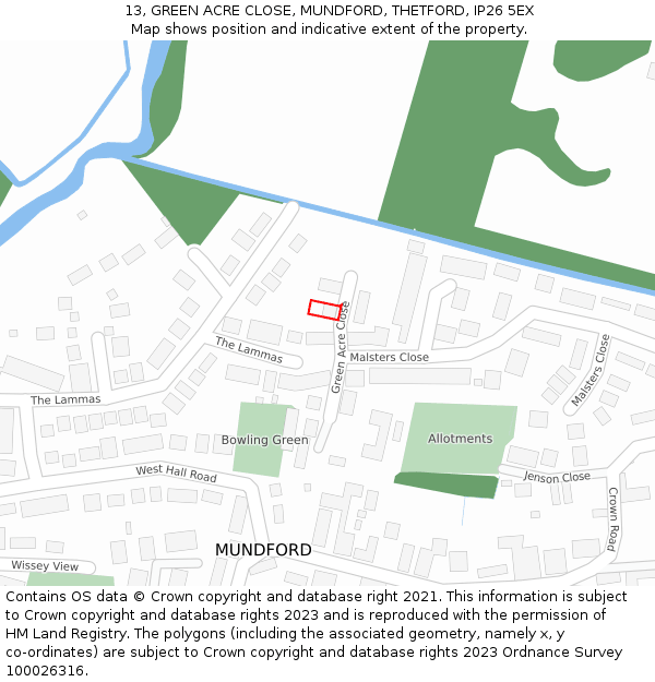 13, GREEN ACRE CLOSE, MUNDFORD, THETFORD, IP26 5EX: Location map and indicative extent of plot