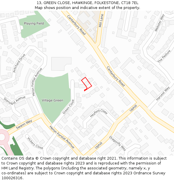 13, GREEN CLOSE, HAWKINGE, FOLKESTONE, CT18 7EL: Location map and indicative extent of plot