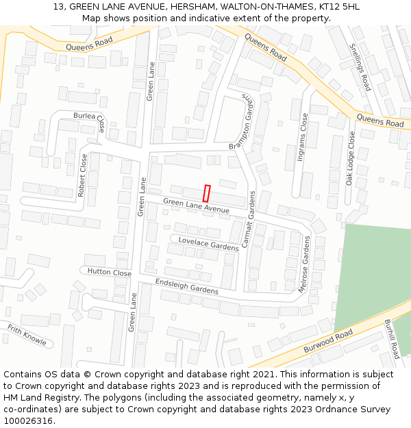 13, GREEN LANE AVENUE, HERSHAM, WALTON-ON-THAMES, KT12 5HL: Location map and indicative extent of plot
