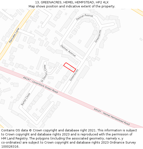 13, GREENACRES, HEMEL HEMPSTEAD, HP2 4LX: Location map and indicative extent of plot