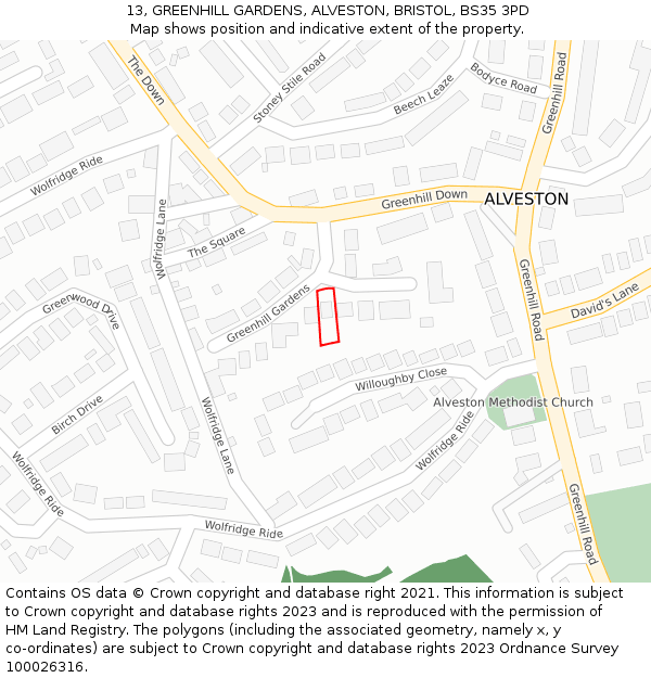 13, GREENHILL GARDENS, ALVESTON, BRISTOL, BS35 3PD: Location map and indicative extent of plot