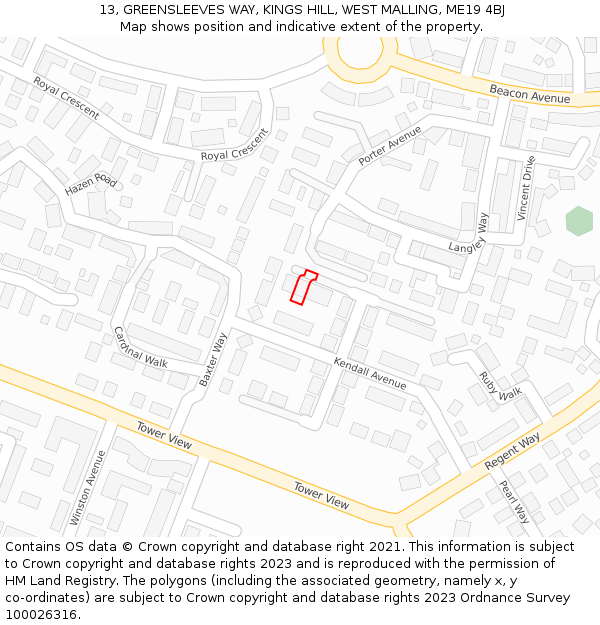 13, GREENSLEEVES WAY, KINGS HILL, WEST MALLING, ME19 4BJ: Location map and indicative extent of plot