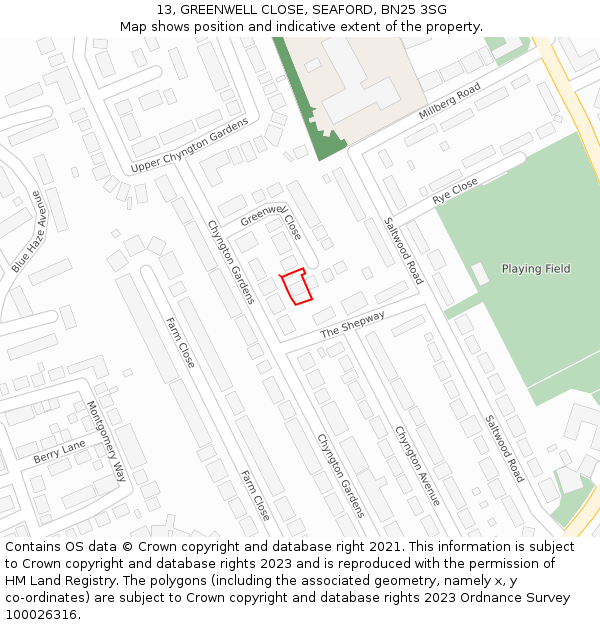 13, GREENWELL CLOSE, SEAFORD, BN25 3SG: Location map and indicative extent of plot