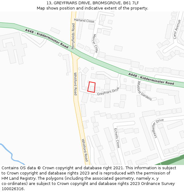 13, GREYFRIARS DRIVE, BROMSGROVE, B61 7LF: Location map and indicative extent of plot