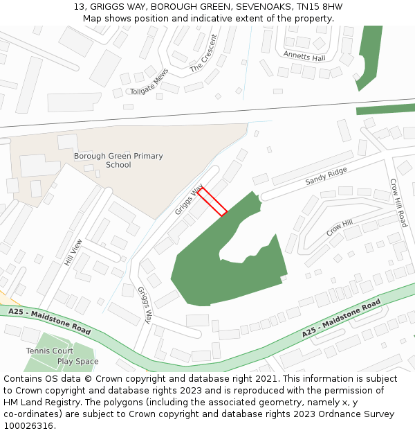 13, GRIGGS WAY, BOROUGH GREEN, SEVENOAKS, TN15 8HW: Location map and indicative extent of plot