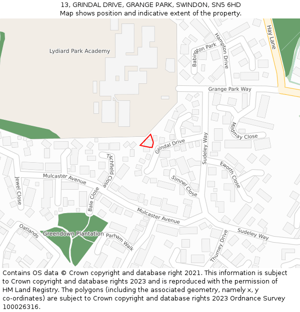 13, GRINDAL DRIVE, GRANGE PARK, SWINDON, SN5 6HD: Location map and indicative extent of plot