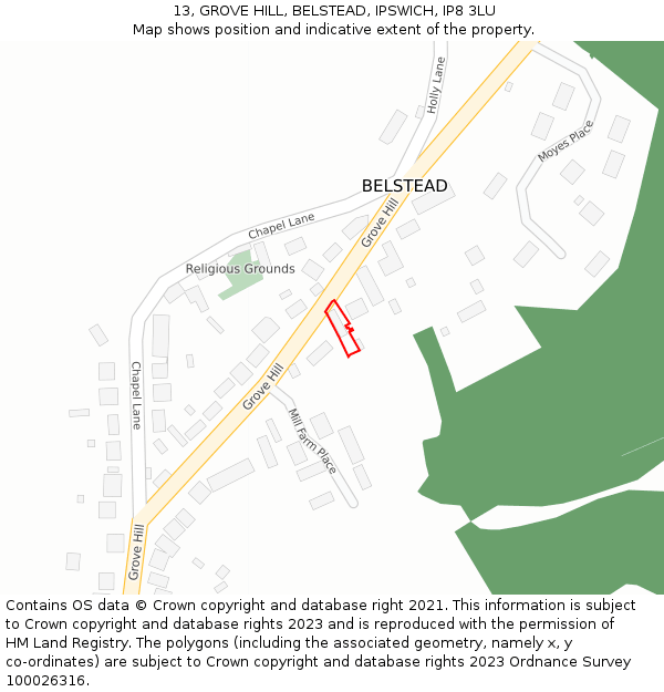 13, GROVE HILL, BELSTEAD, IPSWICH, IP8 3LU: Location map and indicative extent of plot
