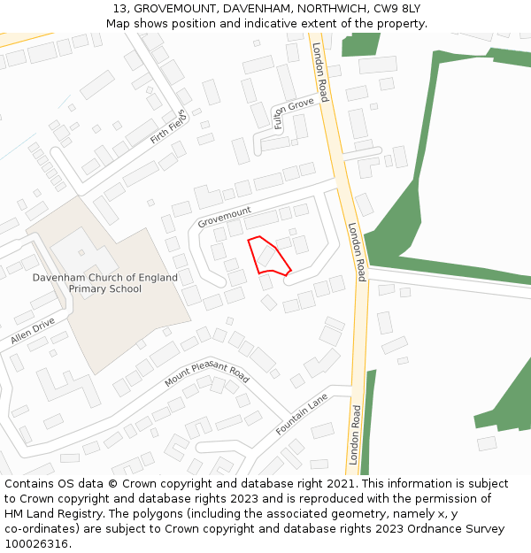 13, GROVEMOUNT, DAVENHAM, NORTHWICH, CW9 8LY: Location map and indicative extent of plot