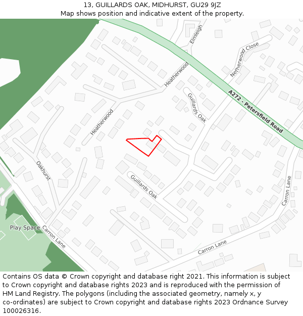 13, GUILLARDS OAK, MIDHURST, GU29 9JZ: Location map and indicative extent of plot