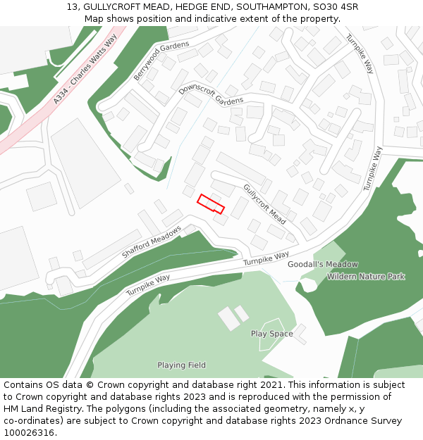 13, GULLYCROFT MEAD, HEDGE END, SOUTHAMPTON, SO30 4SR: Location map and indicative extent of plot