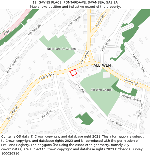 13, GWYNS PLACE, PONTARDAWE, SWANSEA, SA8 3AJ: Location map and indicative extent of plot