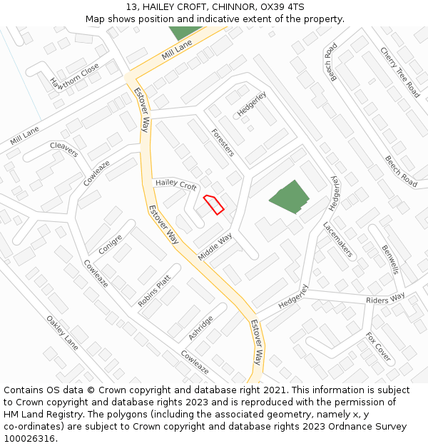 13, HAILEY CROFT, CHINNOR, OX39 4TS: Location map and indicative extent of plot