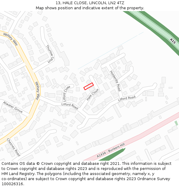 13, HALE CLOSE, LINCOLN, LN2 4TZ: Location map and indicative extent of plot