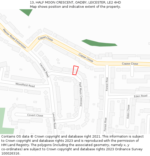 13, HALF MOON CRESCENT, OADBY, LEICESTER, LE2 4HD: Location map and indicative extent of plot