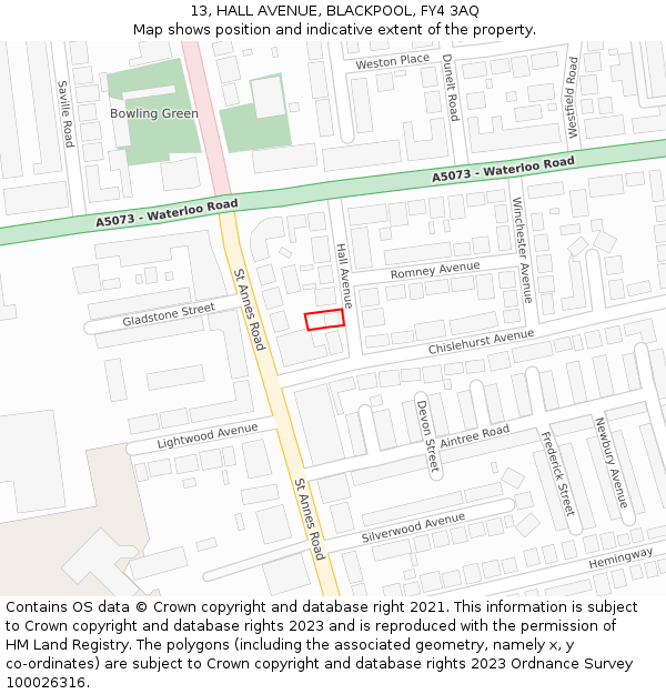 13, HALL AVENUE, BLACKPOOL, FY4 3AQ: Location map and indicative extent of plot