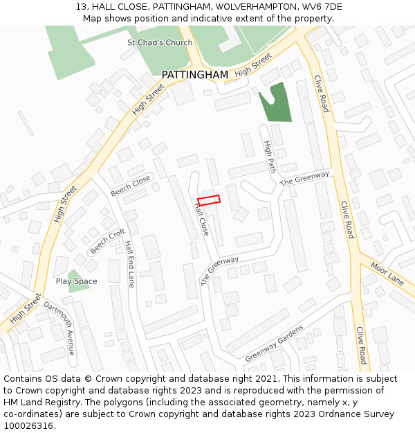 13, HALL CLOSE, PATTINGHAM, WOLVERHAMPTON, WV6 7DE: Location map and indicative extent of plot