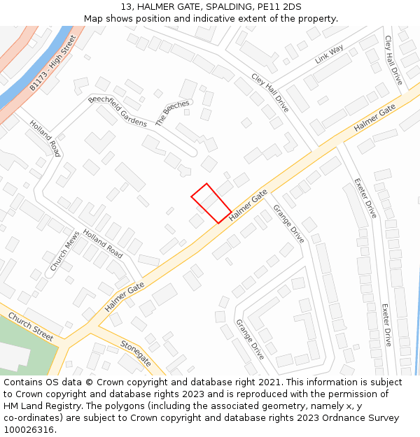 13, HALMER GATE, SPALDING, PE11 2DS: Location map and indicative extent of plot