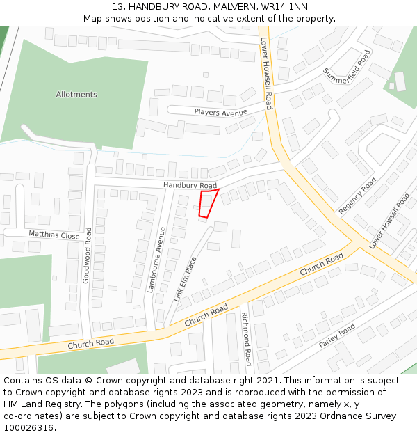 13, HANDBURY ROAD, MALVERN, WR14 1NN: Location map and indicative extent of plot