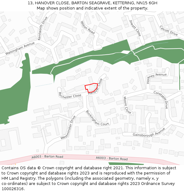 13, HANOVER CLOSE, BARTON SEAGRAVE, KETTERING, NN15 6GH: Location map and indicative extent of plot