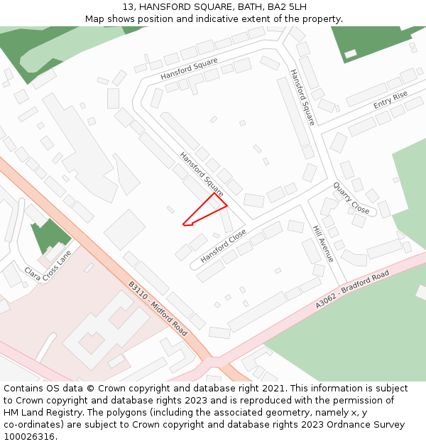 13, HANSFORD SQUARE, BATH, BA2 5LH: Location map and indicative extent of plot