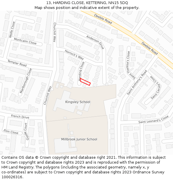 13, HARDING CLOSE, KETTERING, NN15 5DQ: Location map and indicative extent of plot