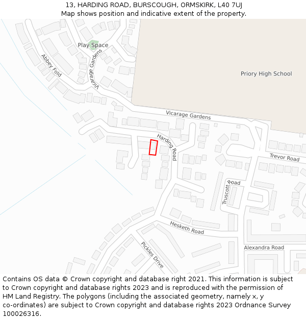 13, HARDING ROAD, BURSCOUGH, ORMSKIRK, L40 7UJ: Location map and indicative extent of plot