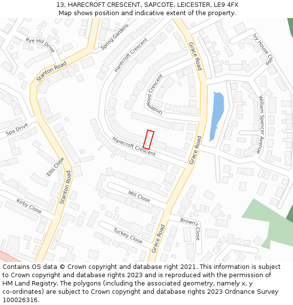 13, HARECROFT CRESCENT, SAPCOTE, LEICESTER, LE9 4FX: Location map and indicative extent of plot