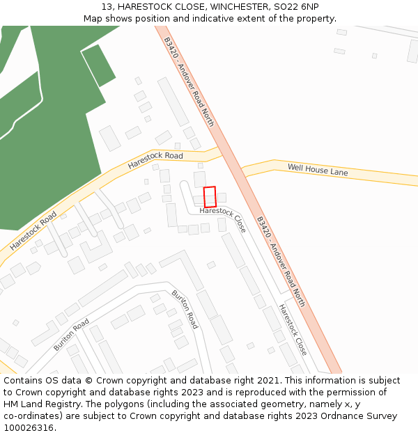 13, HARESTOCK CLOSE, WINCHESTER, SO22 6NP: Location map and indicative extent of plot