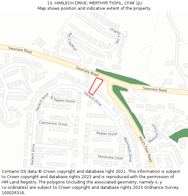 13, HARLECH DRIVE, MERTHYR TYDFIL, CF48 1JU: Location map and indicative extent of plot